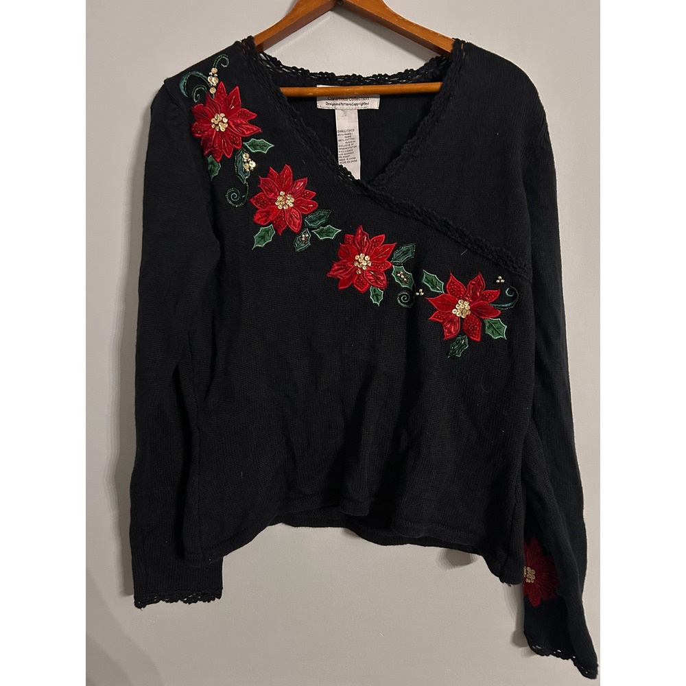 Tiara International Christmas Collection Poinsettia Sequin Sweater Black Small